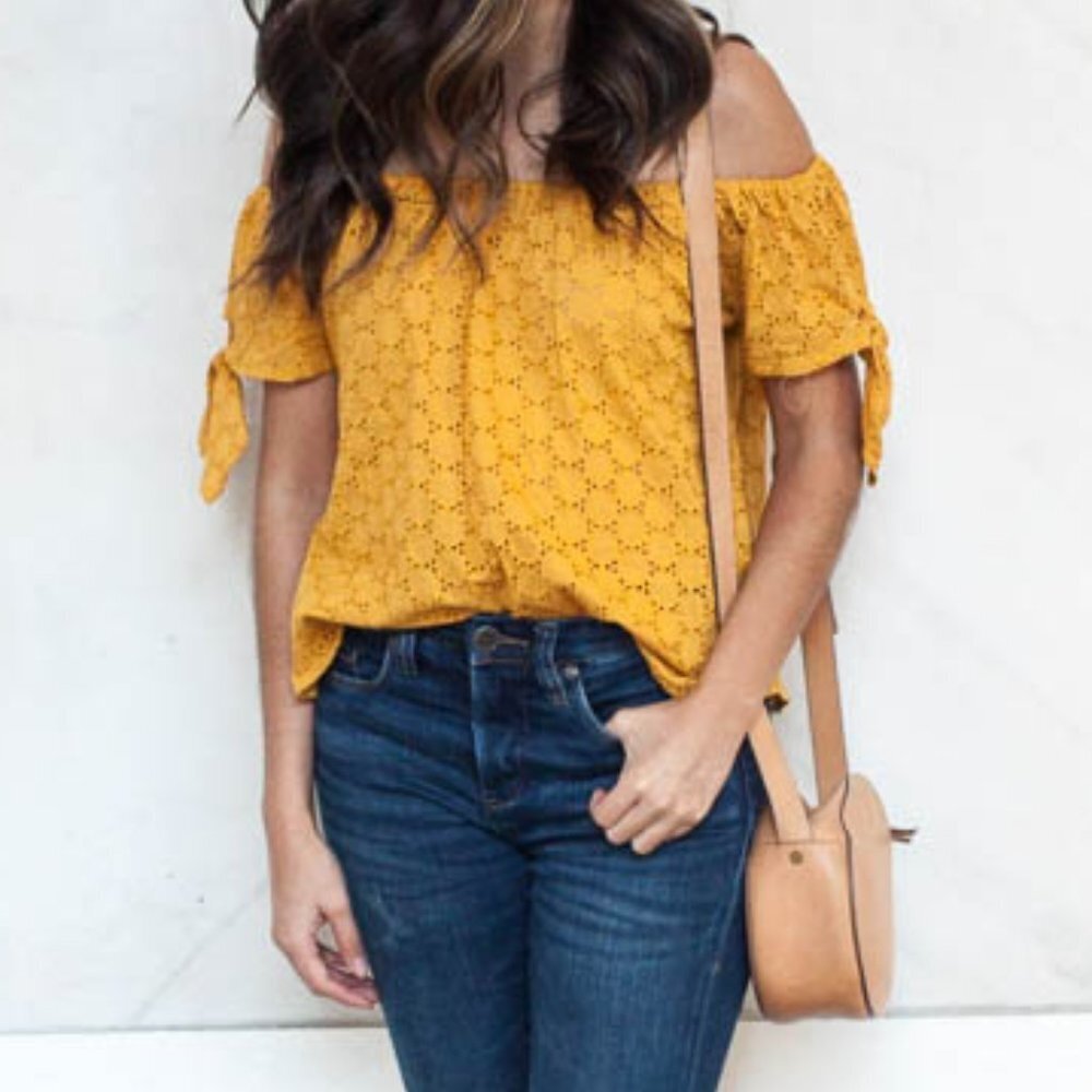UNIV. THREAD Mustard Eyelet Peasant Crop Top - Picture 10 of 10